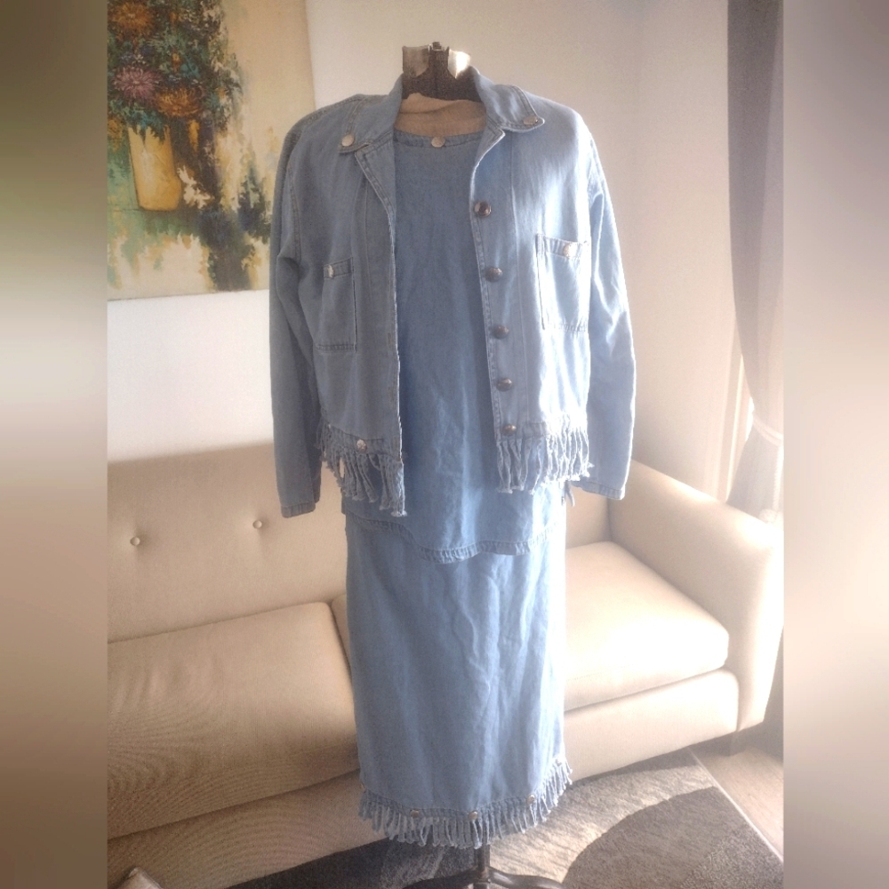 VTG CMC 3 piece Fringe Boho Style Denim Color Me Cotton outfit xs/s